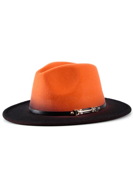 Turuncu Siyah Degrade Çift Renk Deri Kuşak Detaylı Fötr Şapka
