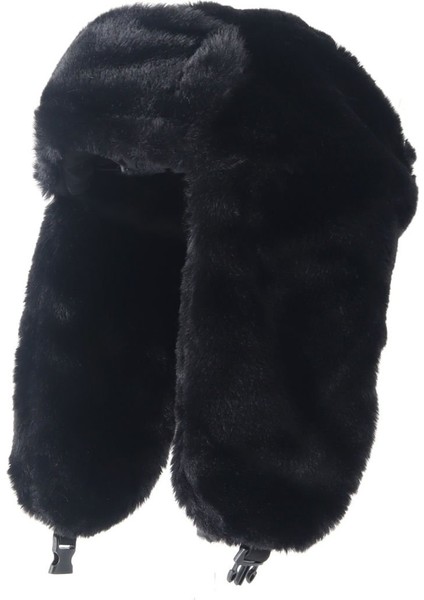Suni Kürk Peluş Kulaklı Şapka - Siyah