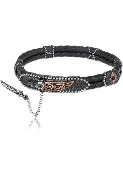 Deri Kordonlu 925 Ayar Gümüş Bileklik Hançer Detaylı Erkek Bilekliği