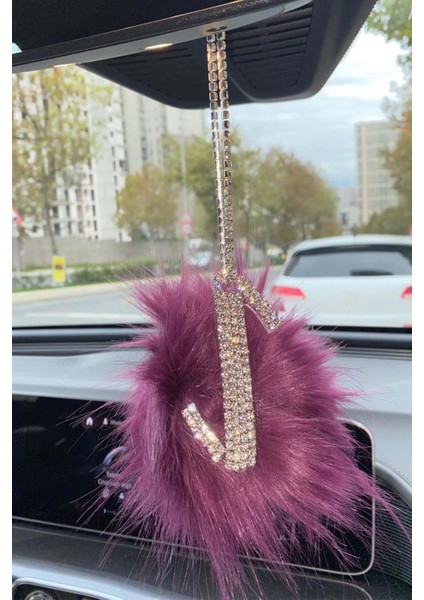 Gümüş Taşlı Dikiz Ayna Kolye Süsü Pembe Tüylü I Harfi