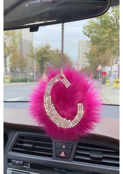 Gümüş Taşlı Dikiz Ayna Kolye Süsü Pembe Tüylü C Harfi