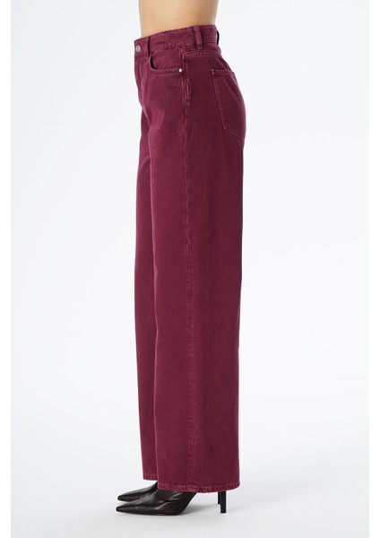 Weslie Bordo Yüksek Bel Fermuarlı Wideleg Fit Jean Pantolon C 4530-066