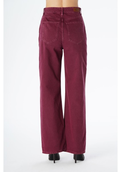 Weslie Bordo Yüksek Bel Fermuarlı Wideleg Fit Jean Pantolon C 4530-066