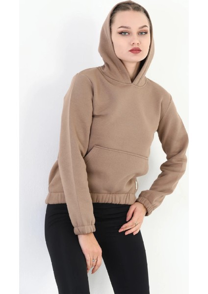 Kapüşonlu Kanguru Cepli Basic Kahve Kadın Sweatshirt