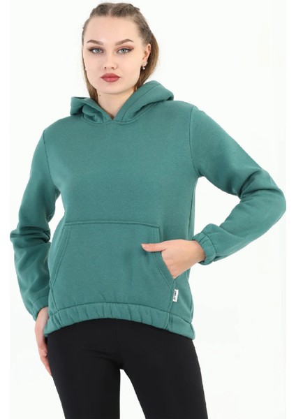 Kapüşonlu Kanguru Cepli Basic Derin Deniz Yeşili Kadın Sweatshirt