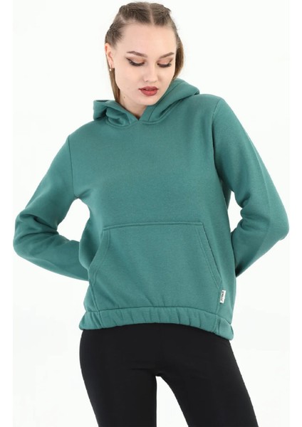 Kapüşonlu Kanguru Cepli Basic Derin Deniz Yeşili Kadın Sweatshirt