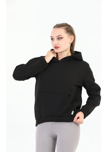 Kapüşonlu Kanguru Cepli Basic Siyah Kadın Sweatshirt