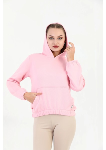 Kapüşonlu Kanguru Cepli Basic Şeker Pembesi Kadın Sweatshirt