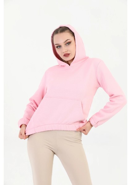 Kapüşonlu Kanguru Cepli Basic Şeker Pembesi Kadın Sweatshirt