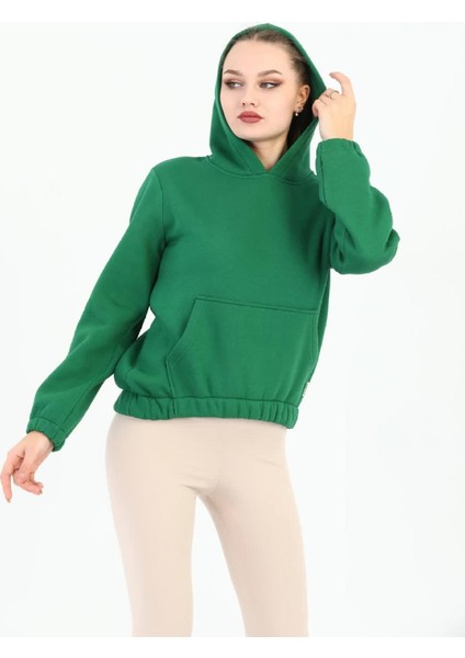 Kapüşonlu Kanguru Cepli Basic Yeşil Kadın Sweatshirt