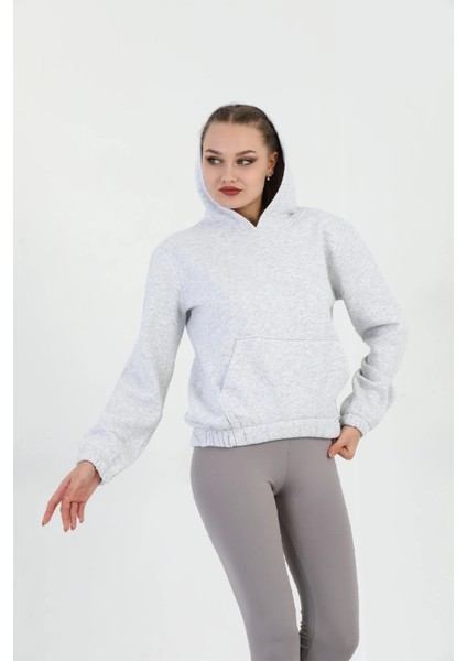 Kapüşonlu Kanguru Cepli Basic Gri Melanj Kadın Sweatshirt