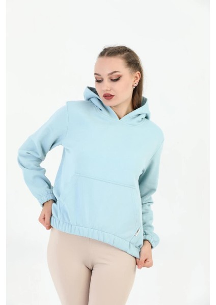 Kapüşonlu Kanguru Cepli Basic Baby Blue Kadın Sweatshirt