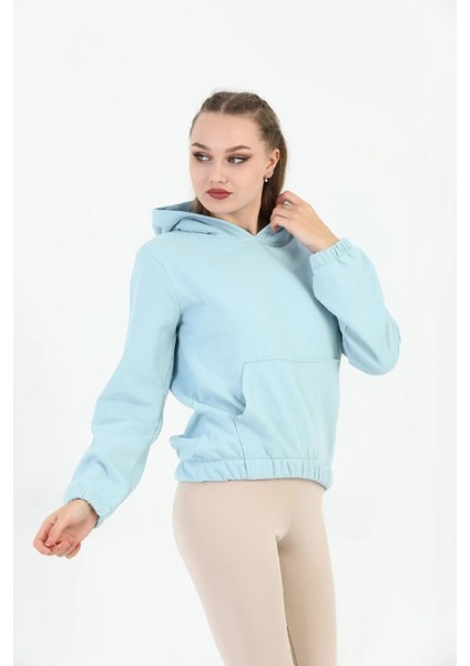 Kapüşonlu Kanguru Cepli Basic Baby Blue Kadın Sweatshirt