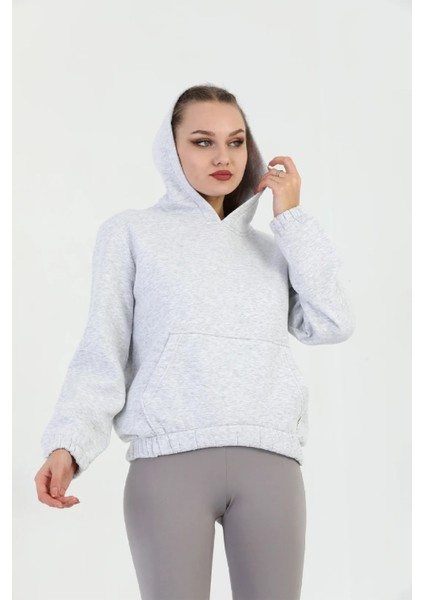 Kapüşonlu Kanguru Cepli Basic Gri Melanj Kadın Sweatshirt