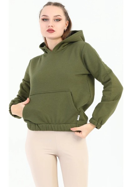 Kapüşonlu Kanguru Cepli Basic Haki Kadın Sweatshirt