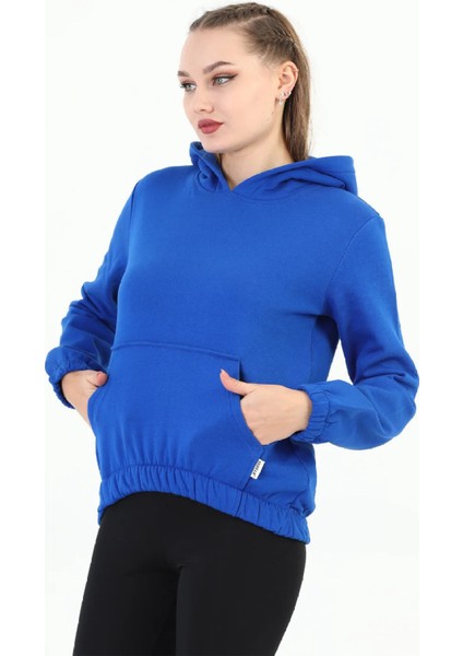 Kapüşonlu Kanguru Cepli Basic Saks Kadın Sweatshirt