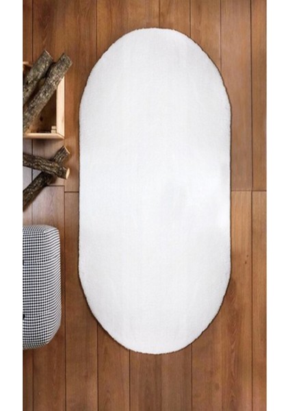 Kaymaz Taban Oval Puffy Peluş Halı Beyaz Salon Halısı Mutfak Halısı Yolluk