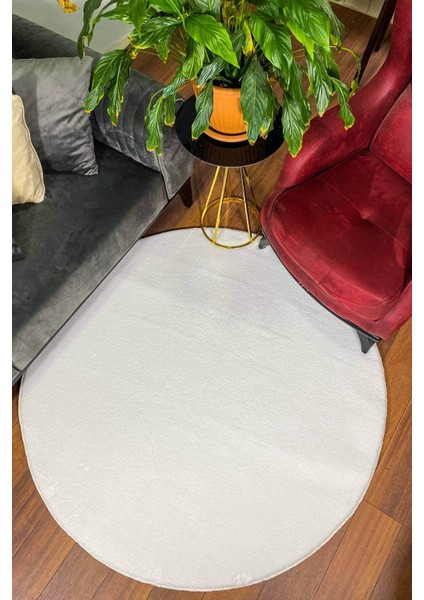 Kaymaz Taban Yuvarlak Puffy Peluş Halı Beyaz Salon Halısı Mutfak Halısı Yolluk