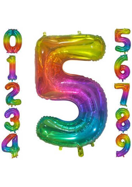 Rainbow Konsept Balon 5 Rakam Balon 1 Metre Büyük Boy