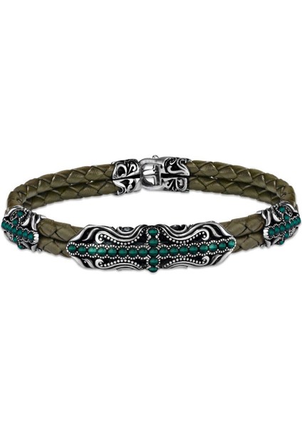 Deri Kordonlu 925 Ayar Gümüş Bileklik Zirkon Taşı Rüzgar Desenli