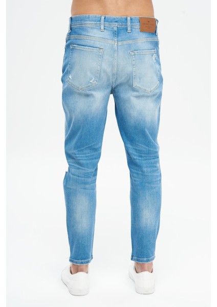 Cross Jeans Julian Açık Mavi Yıpratmalı Tapered Düğmeli Jean Pantolon E 4401-018