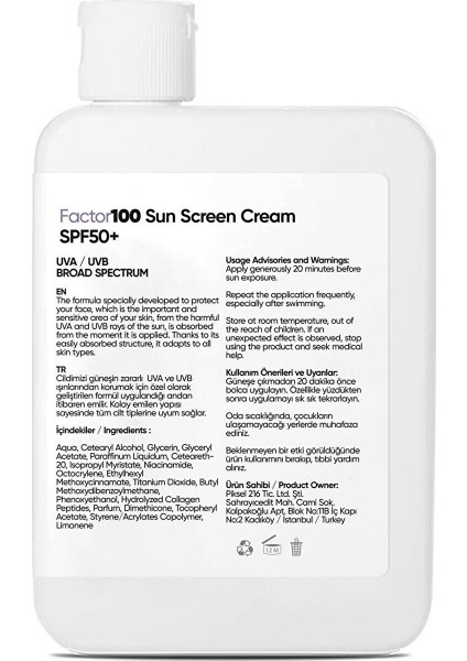 Güneş Kremi SPF50+ 100 ml Sun Screen Cream fiyatları