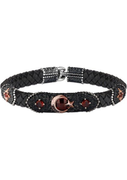 Deri Kordonlu 925 Ayar Gümüş Bileklik Ay Yıldız Zirkon Taşı Desenli