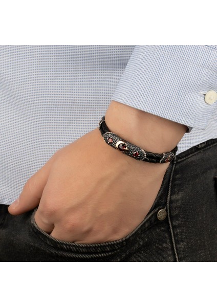 Deri Kordonlu 925 Ayar Gümüş Bileklik Ay Yıldız Zirkon Taşı Desenli fiyatları