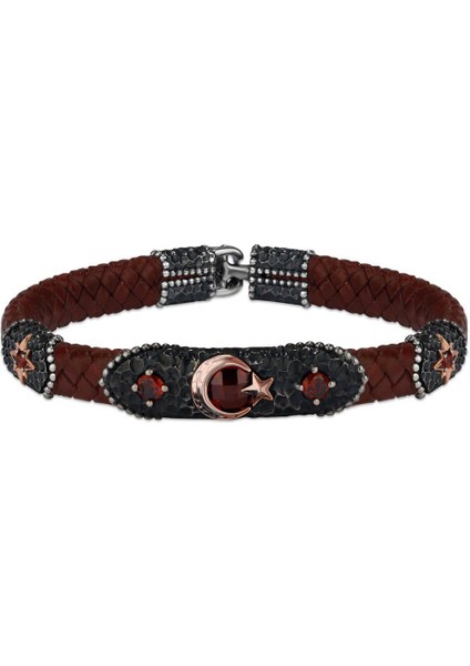 Deri Kordonlu 925 Ayar Gümüş Bileklik Ay Yıldız Zirkon Taşı Desenli