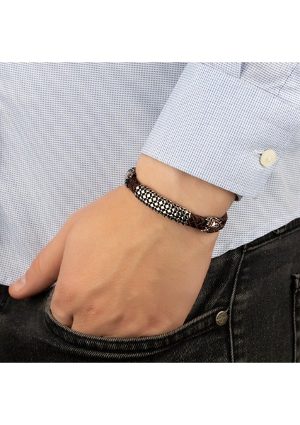 Deri Kordonlu 925 Ayar Gümüş Bileklik Petek Dekoru Erkek Bilekliği fiyatları