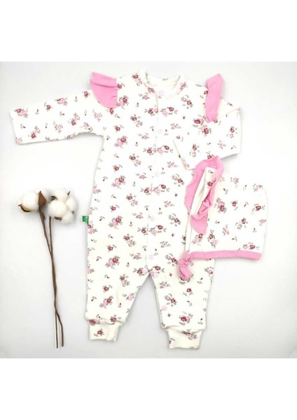 Organik Kaşkorse Şapkalı Çiçekli Pembe Kız Bebek Tulumu %100 Cotton