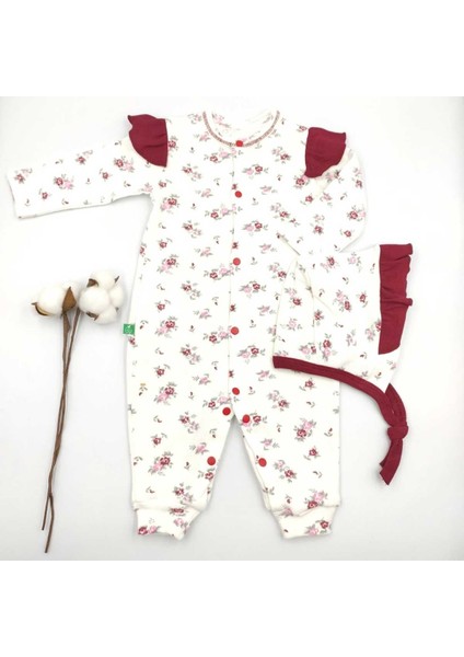 Organik Kaşkorse Şapkalı Çiçekli Bordo Kız Bebek Tulumu %100 Cotton