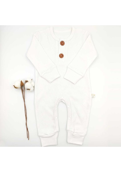Fitilli İki Düğmeli Beyaz Uzun Kollu %100 Cotton Bebek Tulum