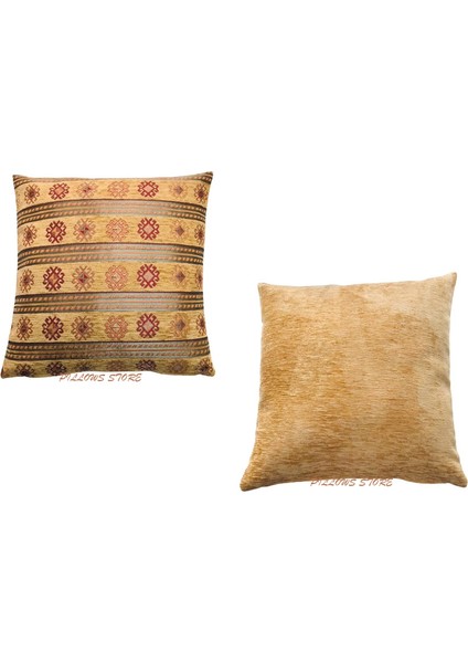Şerit Desenli Safran Kırlent Kılıfı Seti -2 Adet 45CM*45CM