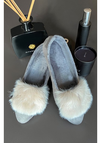 Kürk Detaylı Şık Kadın Ev Ayakkabısı