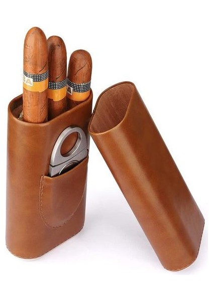 Yüksek 3 Parmak Neme Sahipleri Taşınabilir Puro Kutusu Kahverengi Puro Deri Kılıf ile Puro Kesici (Yurt Dışından)