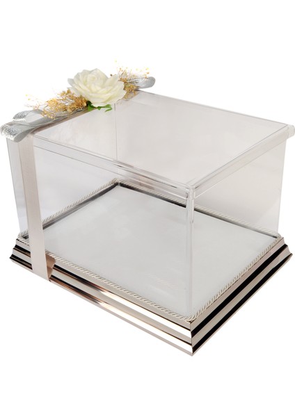 Söz Nişan Bohça Kutusu Pleksi Kutu -Hediye Kutusu 35 cm x 25 cm x 20 cm Inox Gümüş Çerçeve