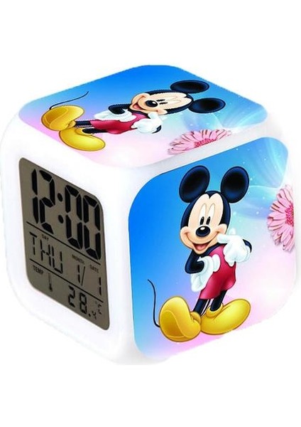 Termometre Parlayan Küp Çalar Saat Animasyon Mickey Minnie Renkli Elektronik Renk Değiştirme LED (Yurt Dışından)