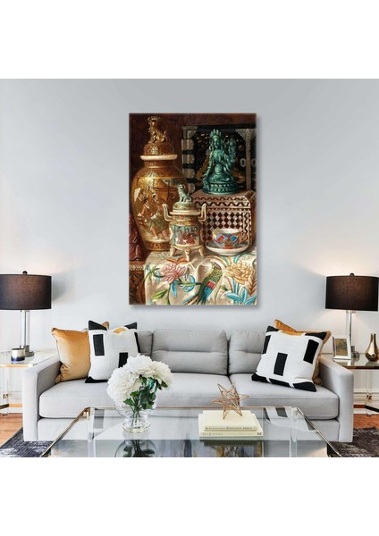 Antika Vazo Buda Heykeli ve Nakışlı Örtü Kanvas Tablo