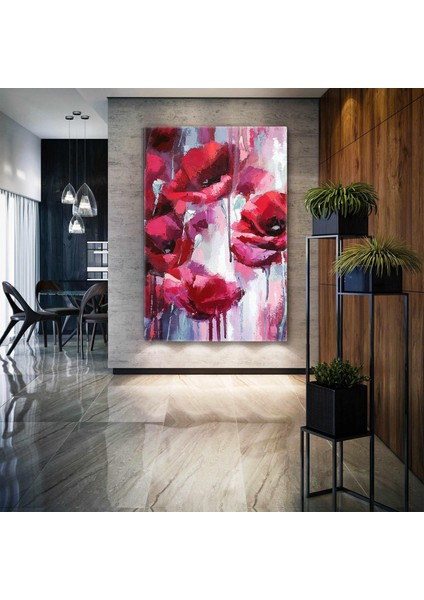 Kırmızı Gelincik Çiçeği Fırça Izleri Kanvas Tablo