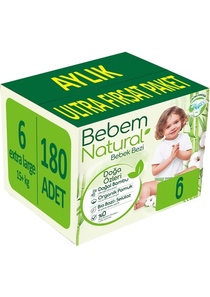 Bebem Bebek Bezi Natural Beden:6 (15+Kg) Extra Large 180 Adet Aylık Ultra Fırsat Pk