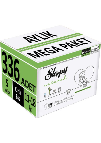 Bebek Bezi Natural Beden:5 (11-18KG) Junior 336 Adet Aylık Mega Pk
