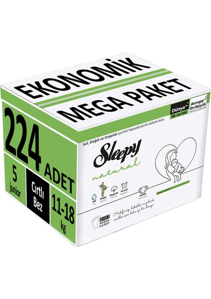 Bebek Bezi Natural Beden:5 (11-18KG) Junior 224 Adet Ekonomik Mega Pk