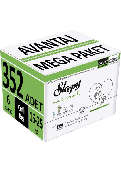 Bebek Bezi Natural Beden:6 (15-25KG) x Large 352 Adet Avantaj Mega Pk