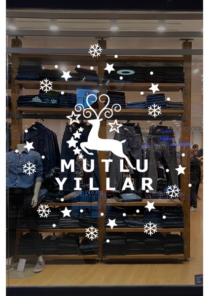 Yeni Yıla Özel Mutlu Yıllar Yazısı Geyik Süslemesi ve Kar Tanesi Stickerları