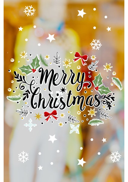 Yeni Yıla Özel Marry Christmas Yazısı Yapraklar ve Kar Tanesi Stickerları 35X45CM