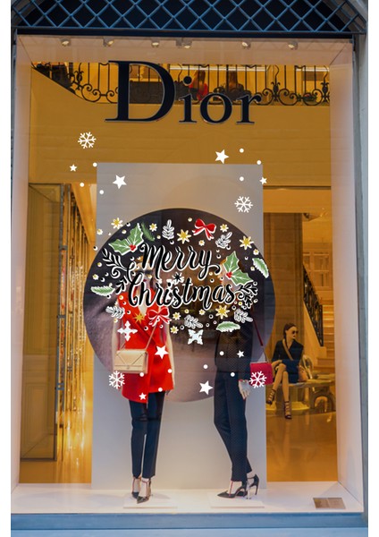 Yeni Yıla Özel Marry Christmas Yazısı Yapraklar ve Kar Tanesi Stickerları 35X45CM