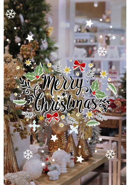 Yeni Yıla Özel Marry Christmas Yazısı Yapraklar ve Kar Tanesi Stickerları 35X45CM
