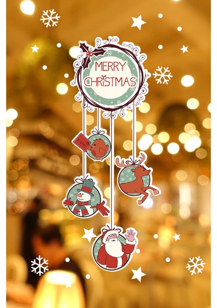 Marry Christmas Yazısı Salınan Detaylar Yılbaşı Süslemeleri ve Kar Tanesi Stickerları 23X50CM