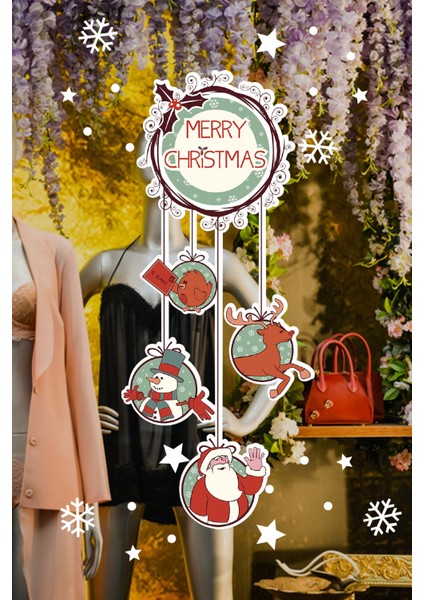 Marry Christmas Yazısı Salınan Detaylar Yılbaşı Süslemeleri ve Kar Tanesi Stickerları 23X50CM